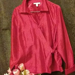 Gorgeous VIBRANT Red 100% silk wrap blouse.  EUC